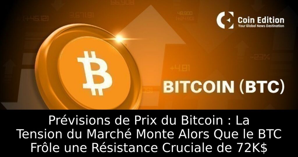 Prévisions de Prix du Bitcoin : La Tension du Marché Monte Alors Que le BTC Frôle une Résistance Cruciale de 72K$