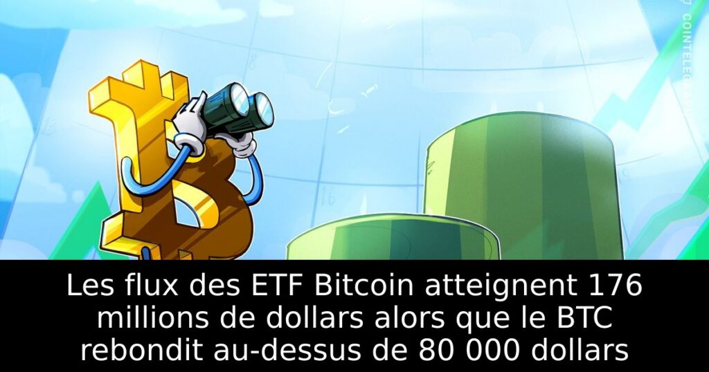 Les flux des ETF Bitcoin atteignent 176 millions de dollars alors que le BTC rebondit au-dessus de 80 000 dollars